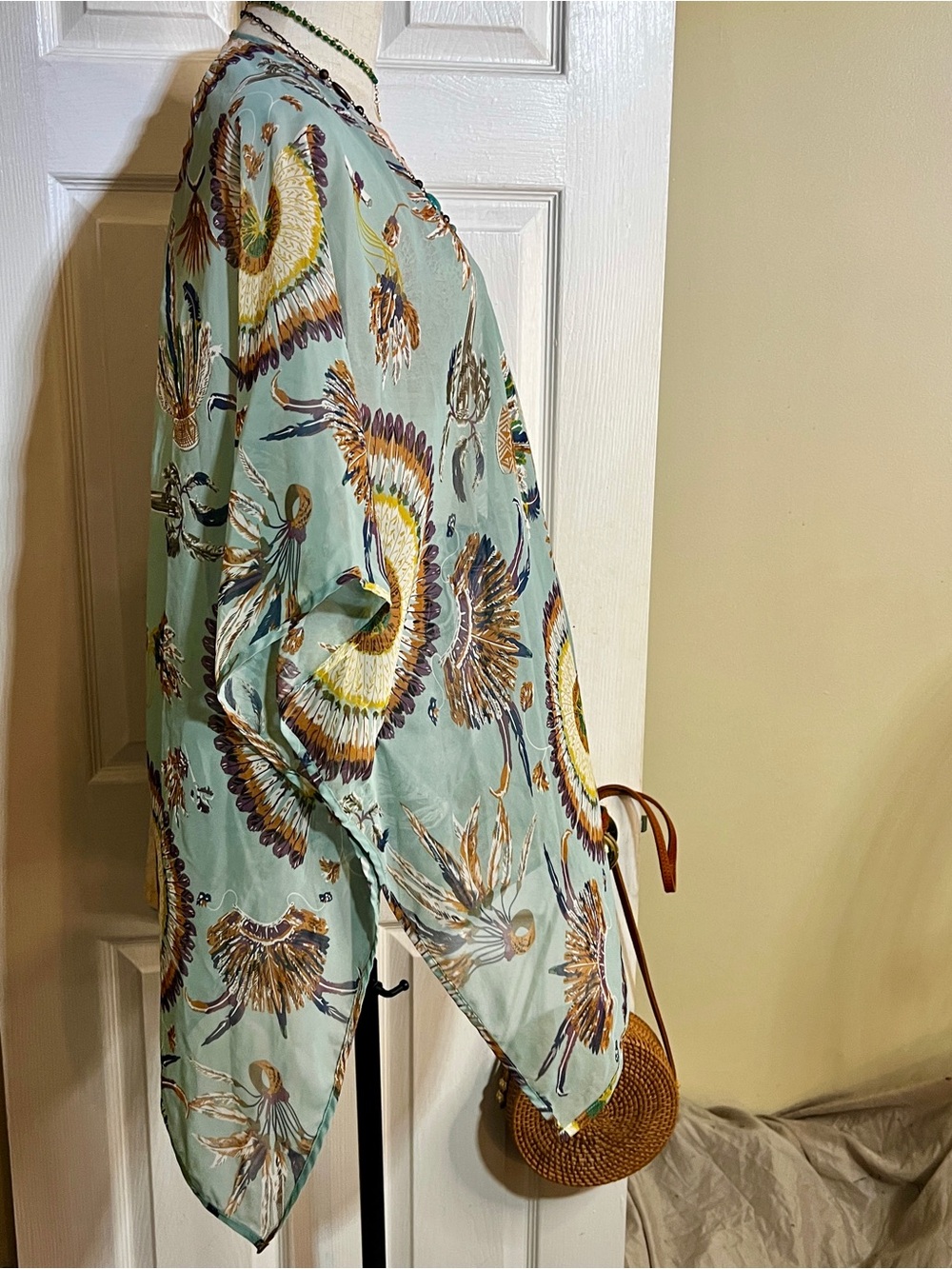 Umgee Wms Teal Feather Print Sheer Crochet Kimono Boho Festival Open Top‎ M/L - Picture 5 of 9